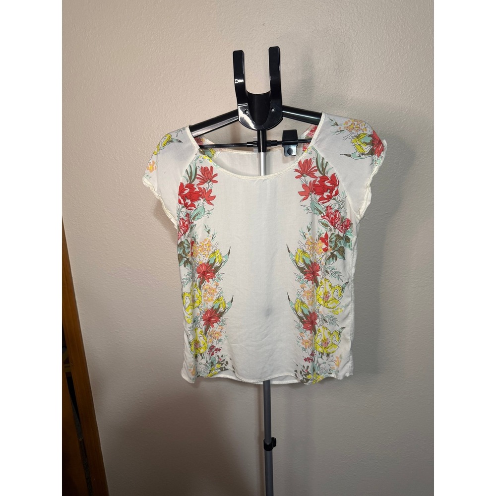 Old Navy Womens White Floral Print Short Sleeve Scoop Neck Blouse Size Medium